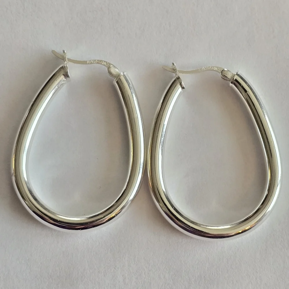 Sterling Silver hoop earrings 925 long elongated tube elegant classic - Picture 4 of 10